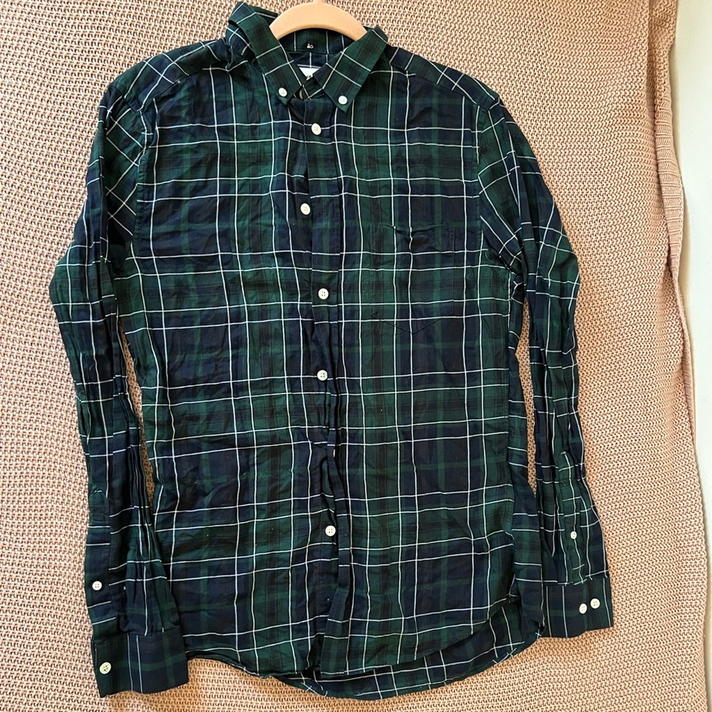 H&M Mens Small Green Navy Blue and Plaid Casual Button Up (Long Sleeve)